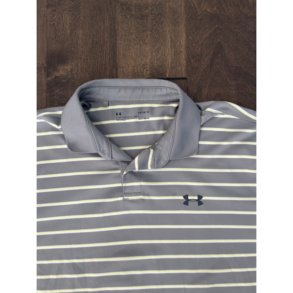 Under Armour Mens Golf Polo Logo Shirt Grey Striped Loose Fit HeatGear Size L